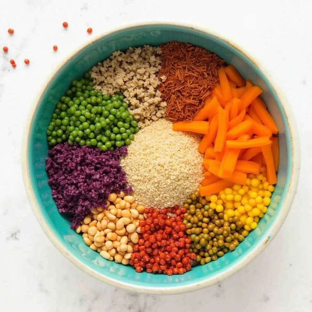 Prato colorido com proteínas vegetais
